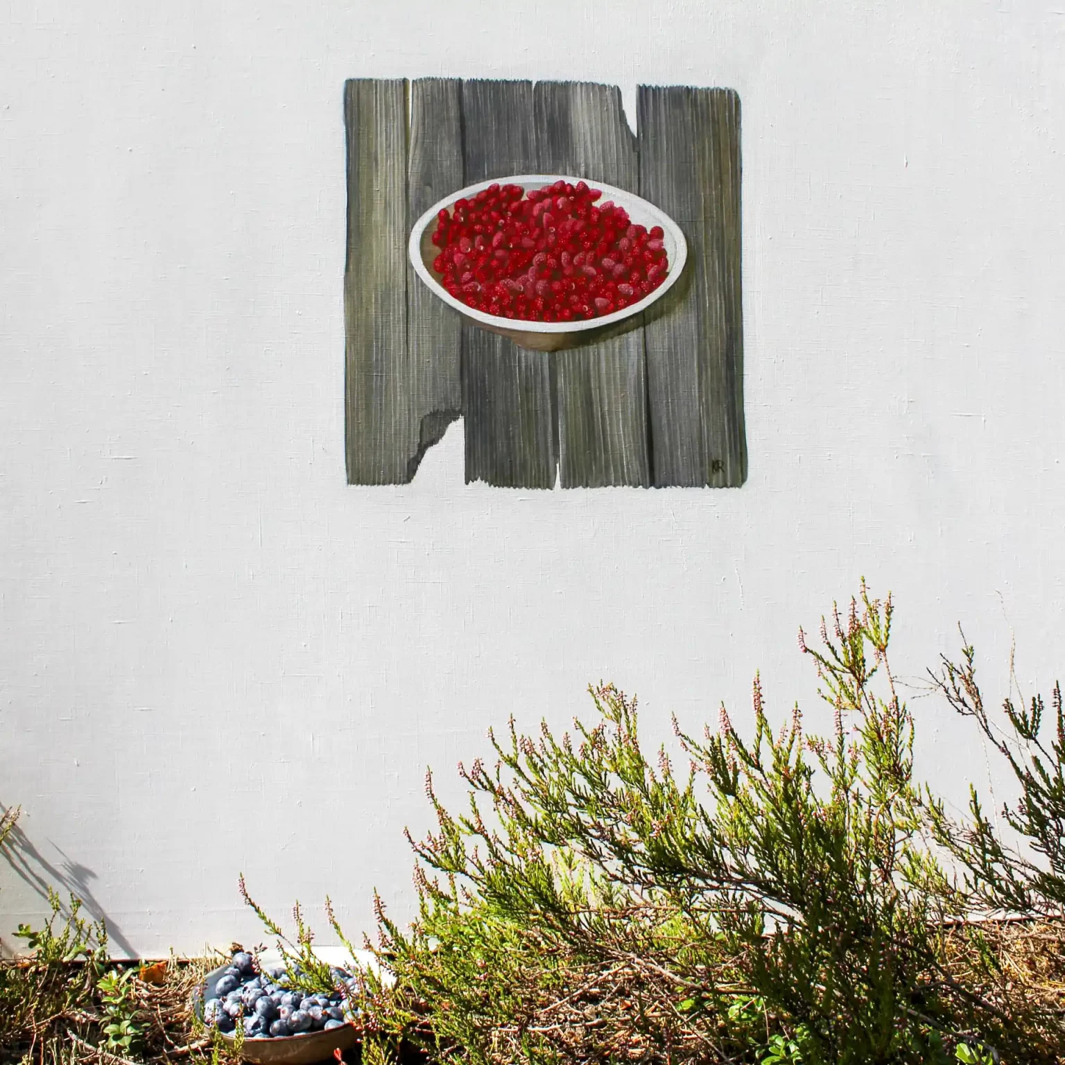 painting of bowl of strawberries in nature