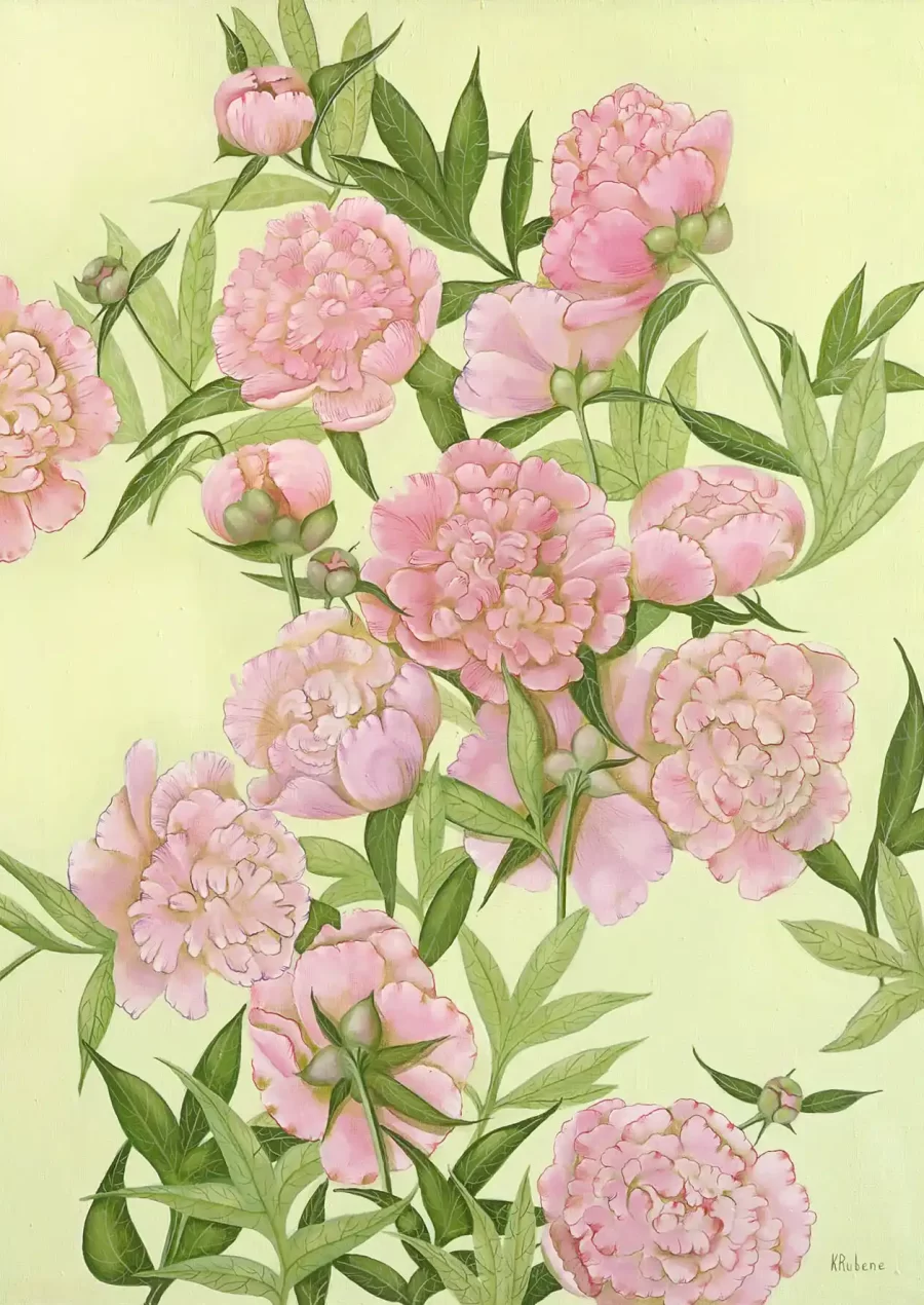 paintings of pink flowers in a green background