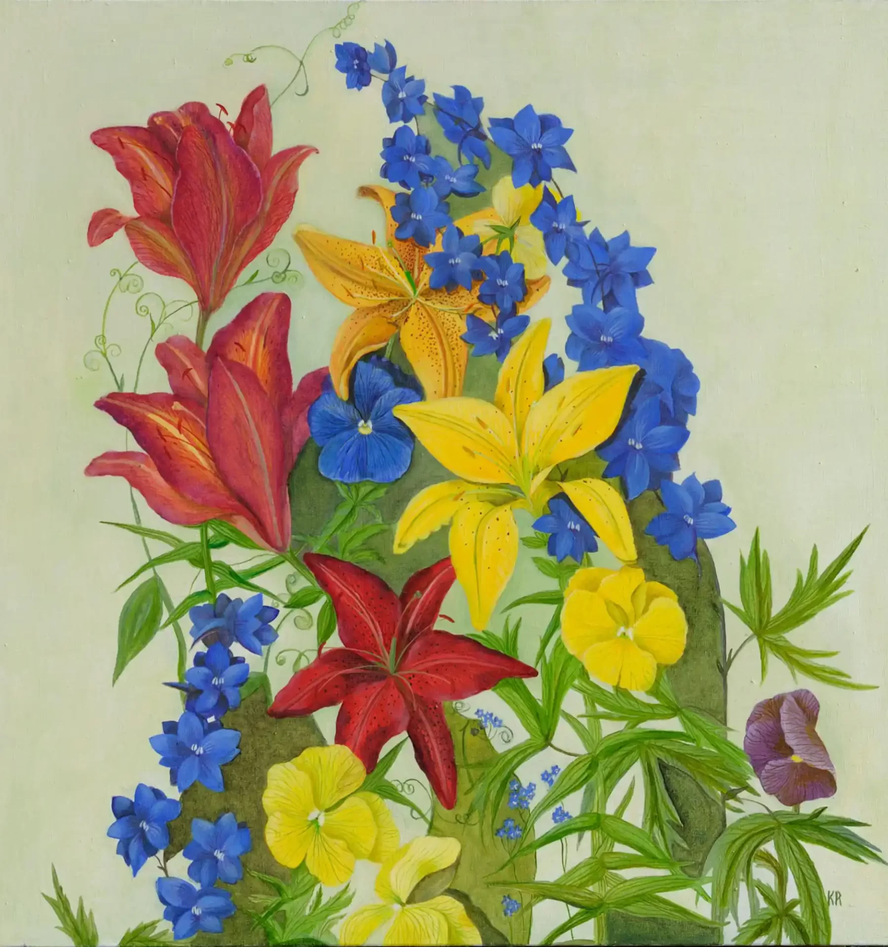 painting of red blue and yellowflowers