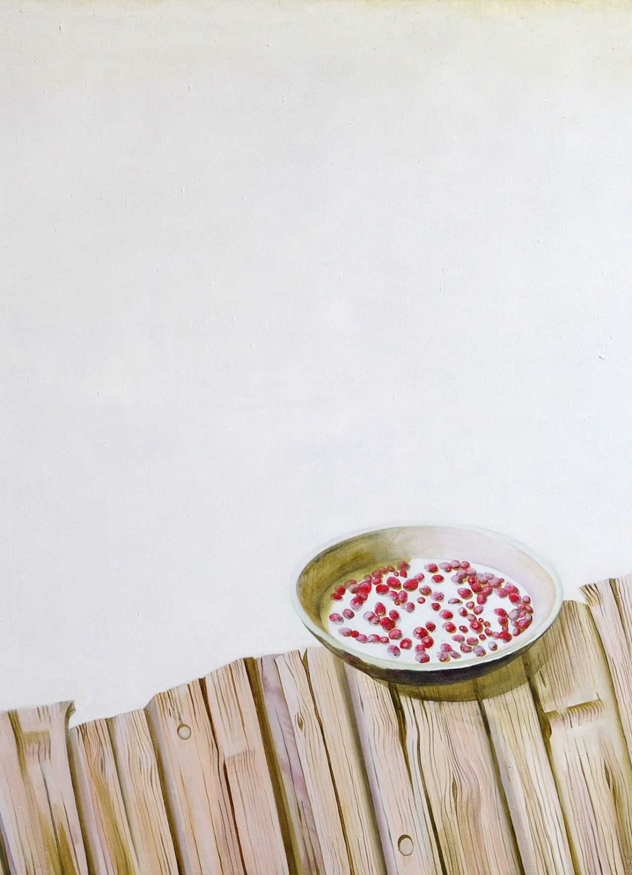 painting of bowl of strawberies in milk