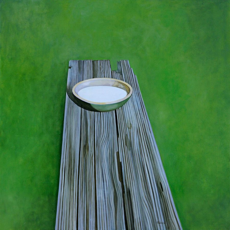 paintings of a bowl on wood table in nature