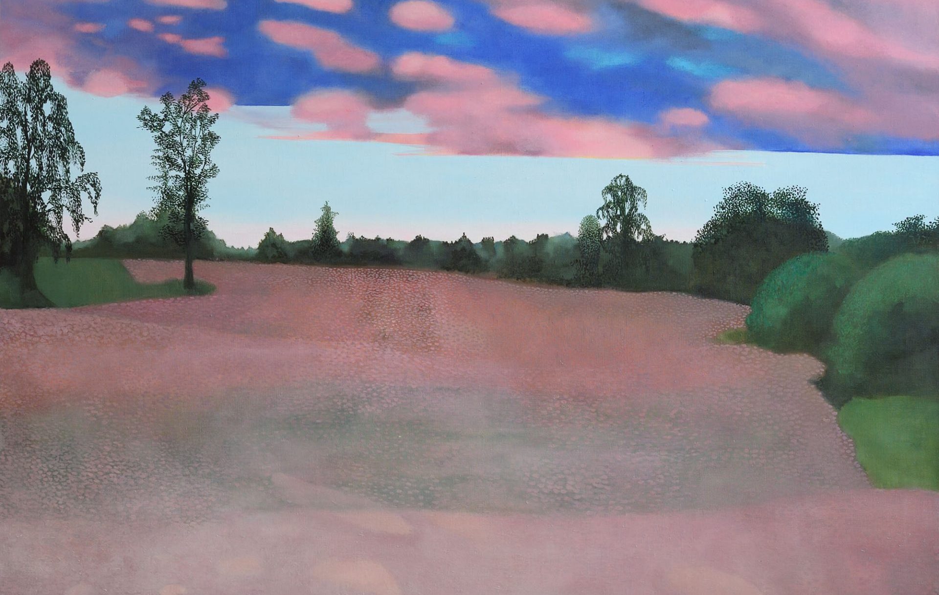 painting of a field and pink sky