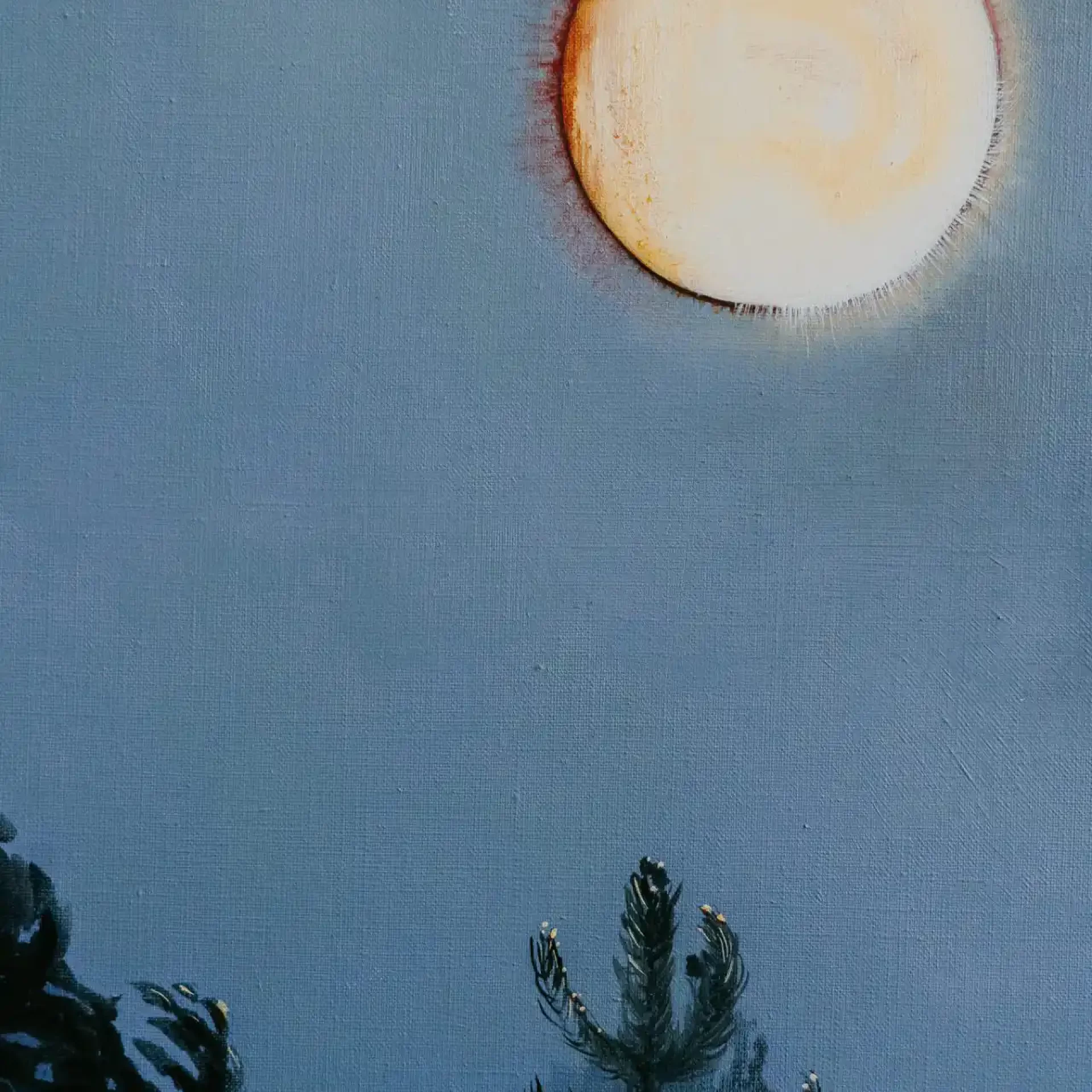 a close up of a painting of a full moon in woods