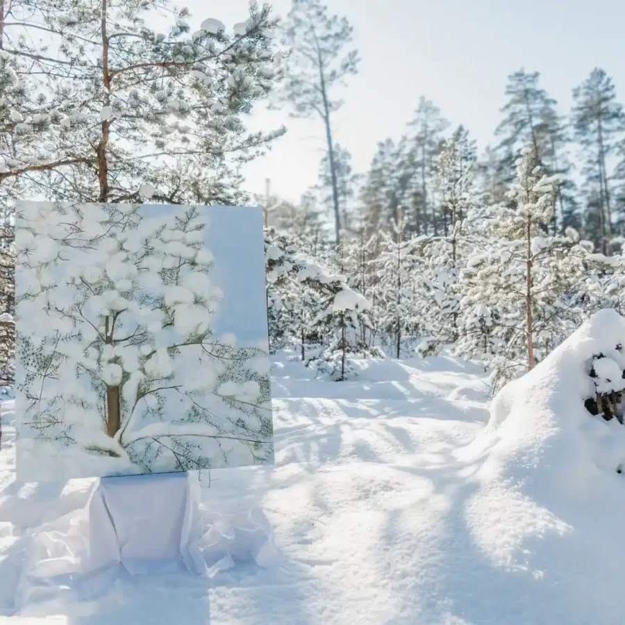 painting of a winter scenery in woods