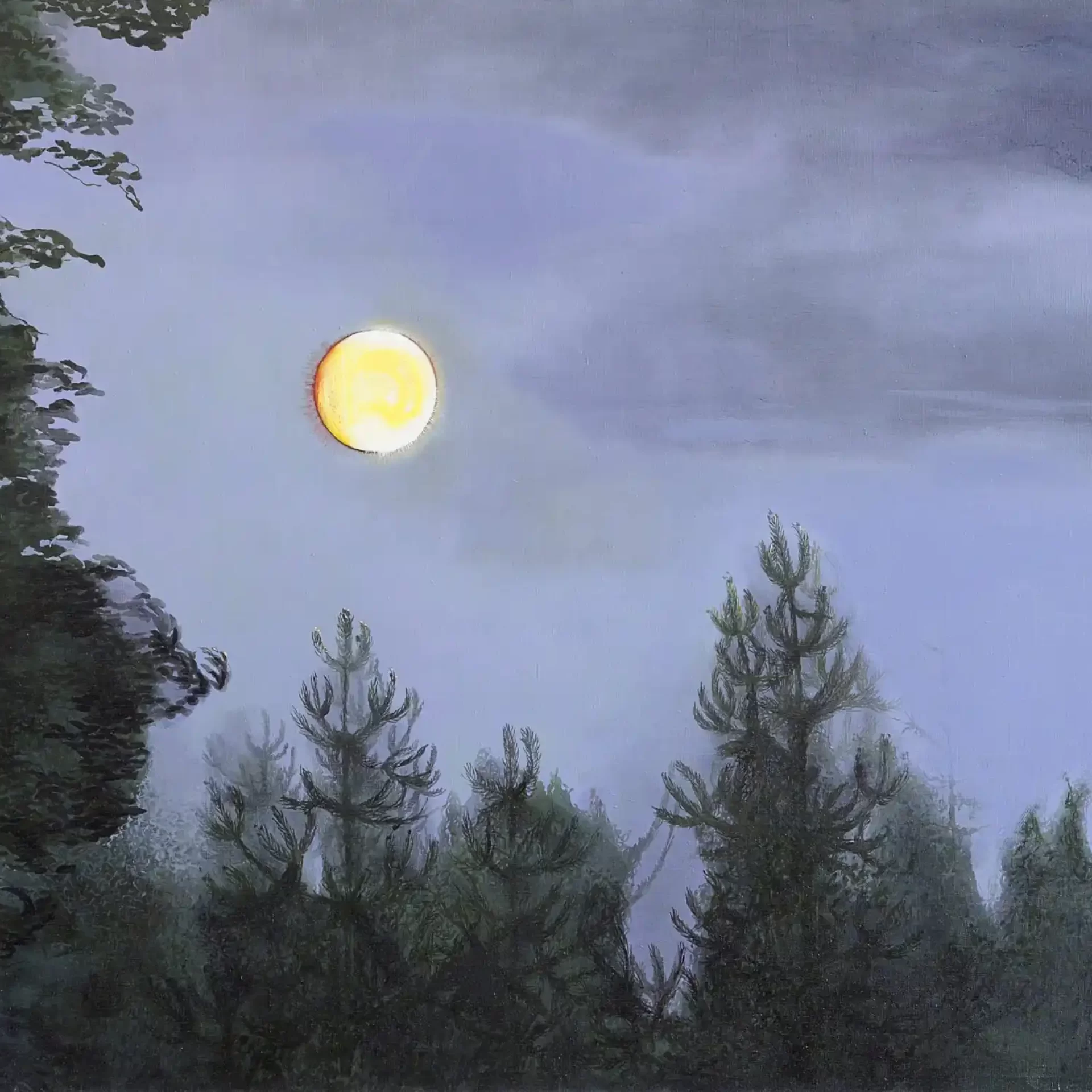 painting of a full moon in woods