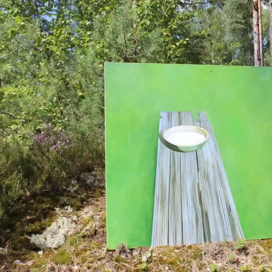 painting of a bowl on wood table by the trees